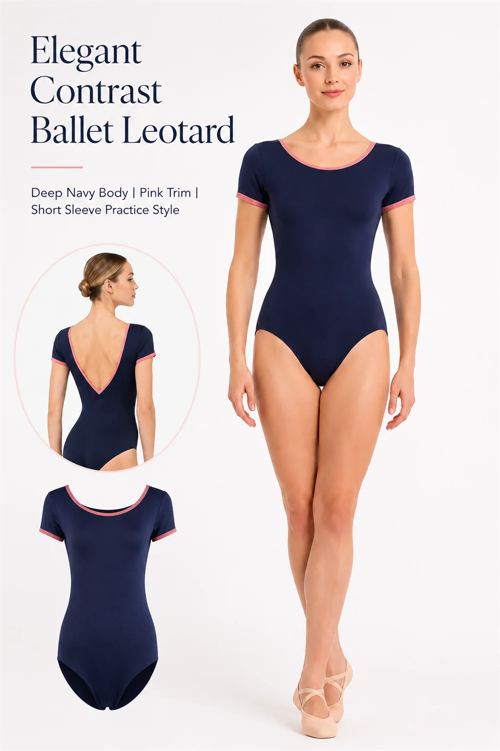Adult Ballet Leotard for Women Short Sleeve Deep V Back Contrast Binding Stretch Dance Bodysuit Dancewear
