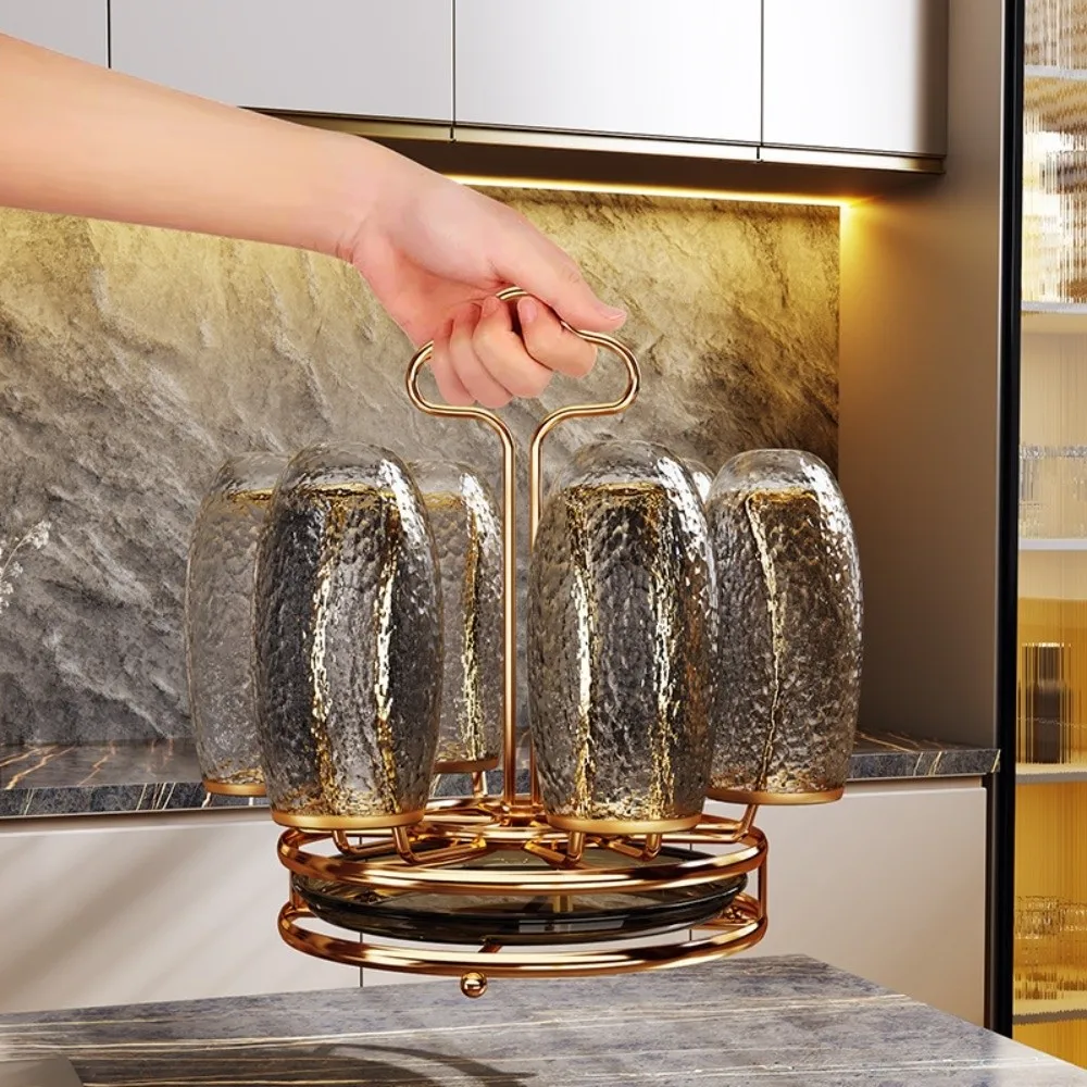 Gold Cup Holder with Water Drain Tray 360° Rotation Space Saving Mug&Cup Organizer Large Capacity Display Glass Cup Storage Rack
