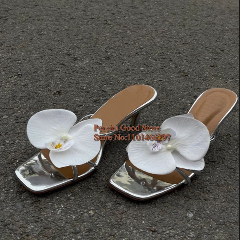 Orchid Flower High Heel Sandals For Girls Square Toe 8cm Cover Heels Summer Mules Shoes Silver Blue Black