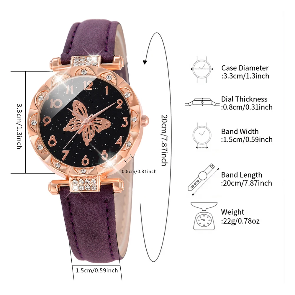 5PCS/Set Purple Women Watch Fashionable Butterfly Element Dial Quartz Wristwatch Frosted Strap Watch Jewelry Set Gift For Girls