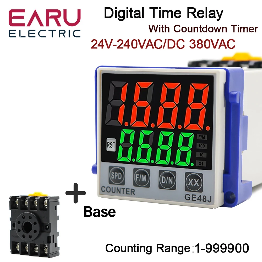 New GE48J Series DC AC 220V 24 240 380V Intelligent Precision Programmable Digital Time Relay Counters 1-999900 With Socket Base