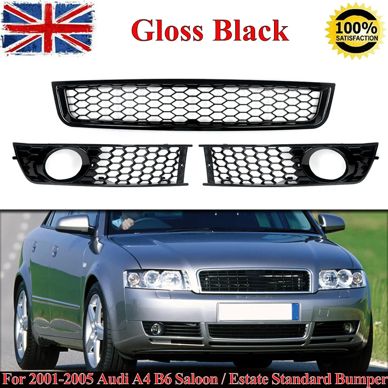 SAIQINGSP Glossy Black 3PCS Set Front Bumper Lower Grille Mesh Cover Fit For 2001-2005 Audi A4 B6 Sedan Car Accessories Tools