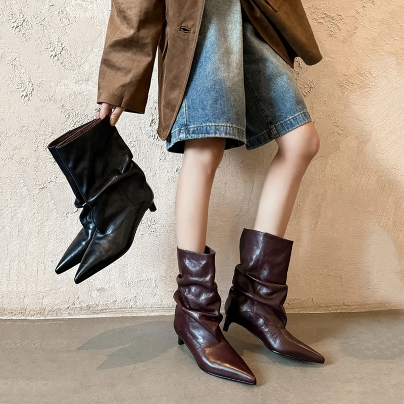 NEW Autumn/Winter Women Boots Genuine Leather Shoes Women Pointed Toe Thin Heel Shoes Slip-on Mid-calf Modern Boots Daily Shoes