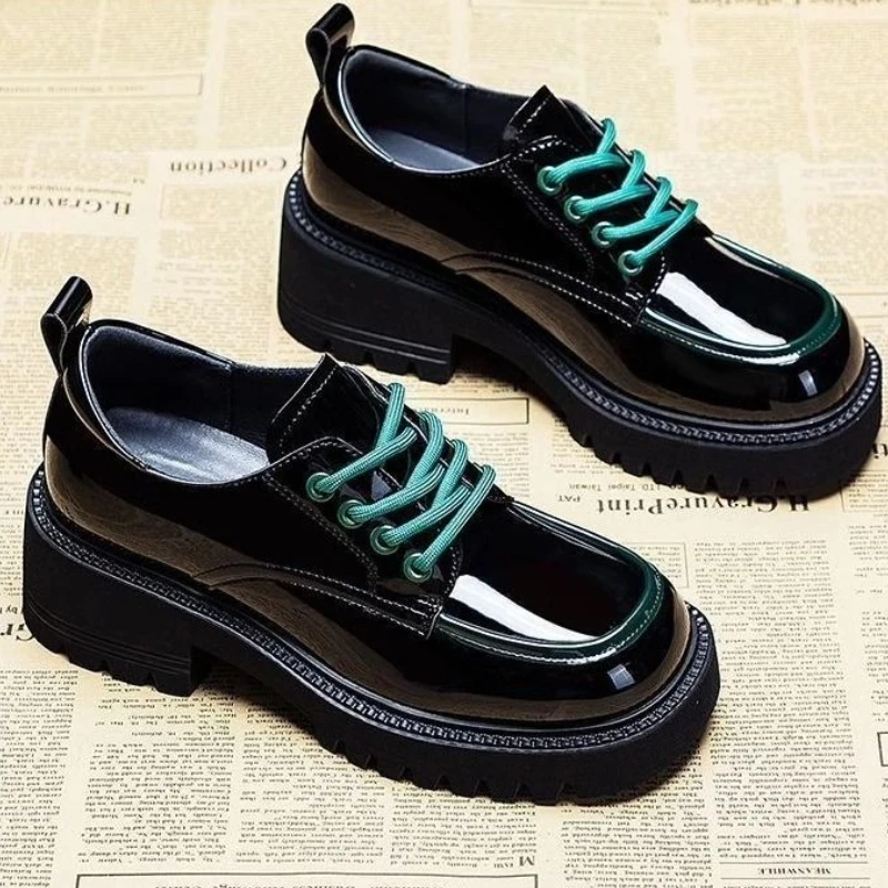 

2025 Spring Petite Women Height Increasing Lace Up Leather Shoes British Style Casual Versatile Thick Sole High Heel Loafers