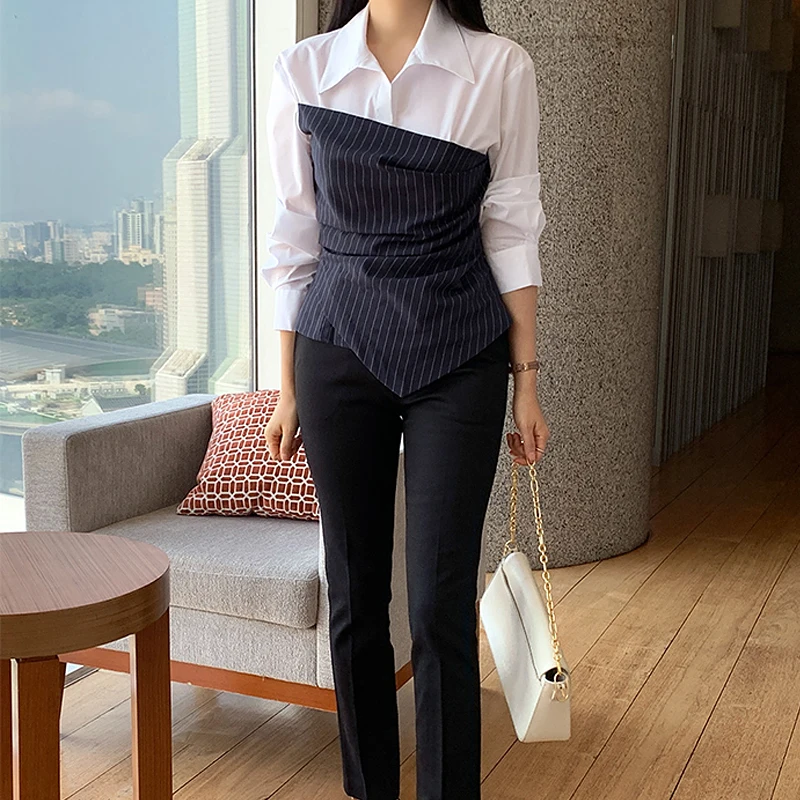 Autumn 2024 New Vintage Fashion Long Sleeve Elegant Female Blouses for Women Patchwork Asymmetrical Chic Casual Shirts SL163