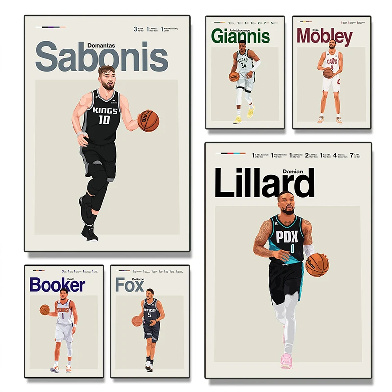Animación minimalista, famoso atleta de estrella de baloncesto, entusiastas del deporte moderno, carteles, pinturas en lienzo, pared, dormitorio, decoración del hogar