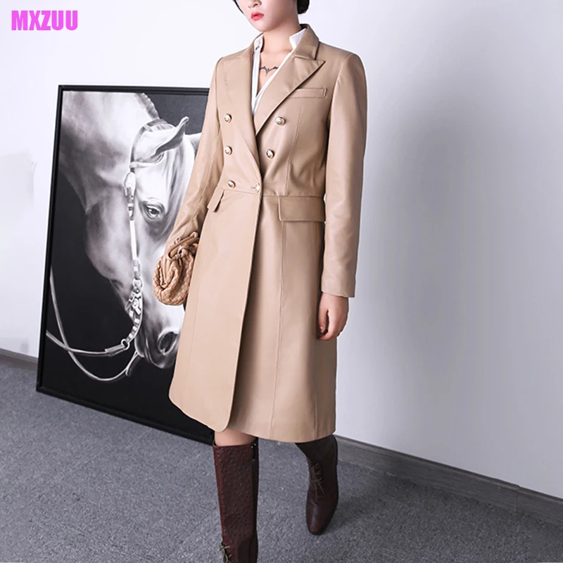 Trench-Coat en cuir véritable pour femmes, veste de costume longue décontractée, Slim, à revers en peau de mouton, Double boutonnage, de haute qualité, printemps et automne