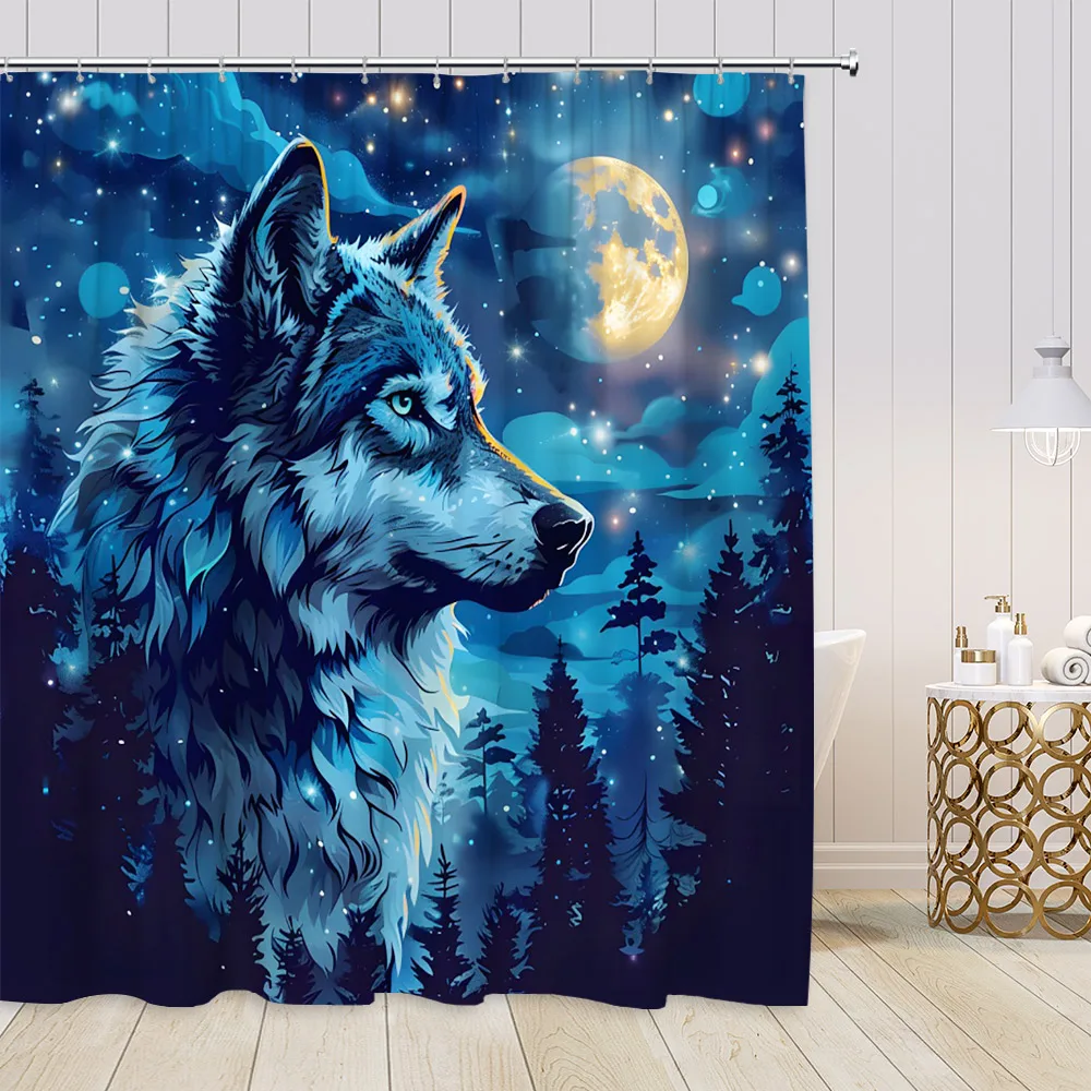 Starry Sky Night Forest View Shower Curtains Animals Fantasy Night View Pine Trees Bathroom Decorations Modern Bath Curtains