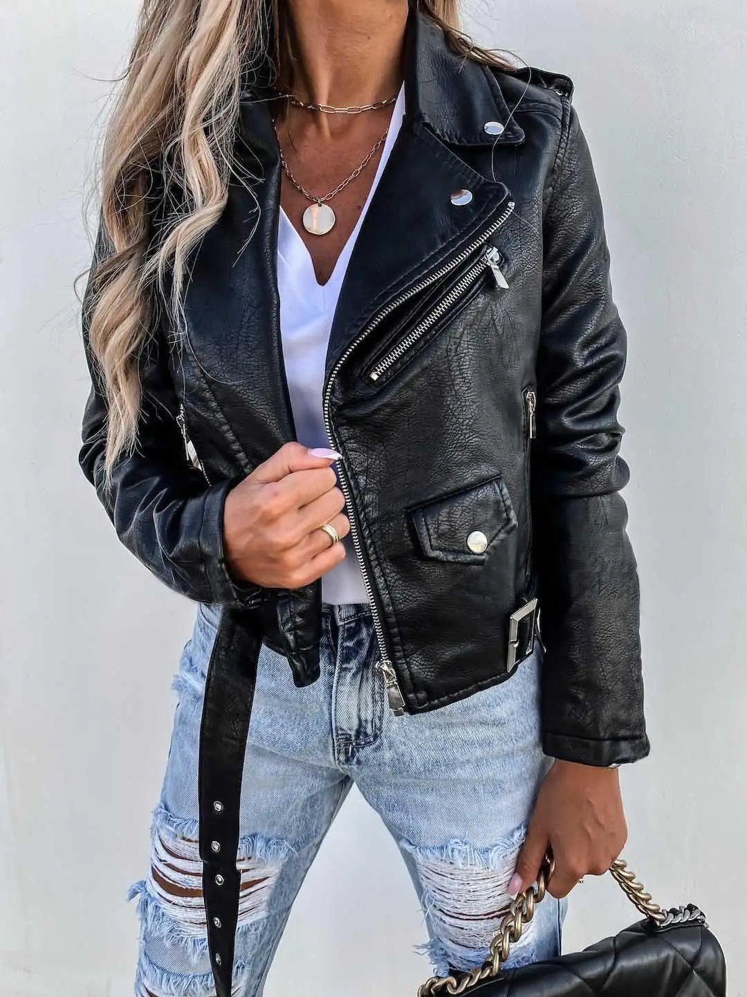 Motorcycle Style PU Leather Jacket Women's Zipper Fur Coat Slim Fit Short Length Fashionable Commute Windbreaker Coat