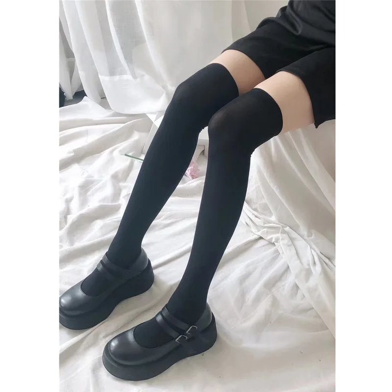 JK Woman Socks Cute Black White Velvet Lolita Long Socks Solid Color Knee High Socks Fashion Kawaii Cosplay Sexy Nylon Stockings