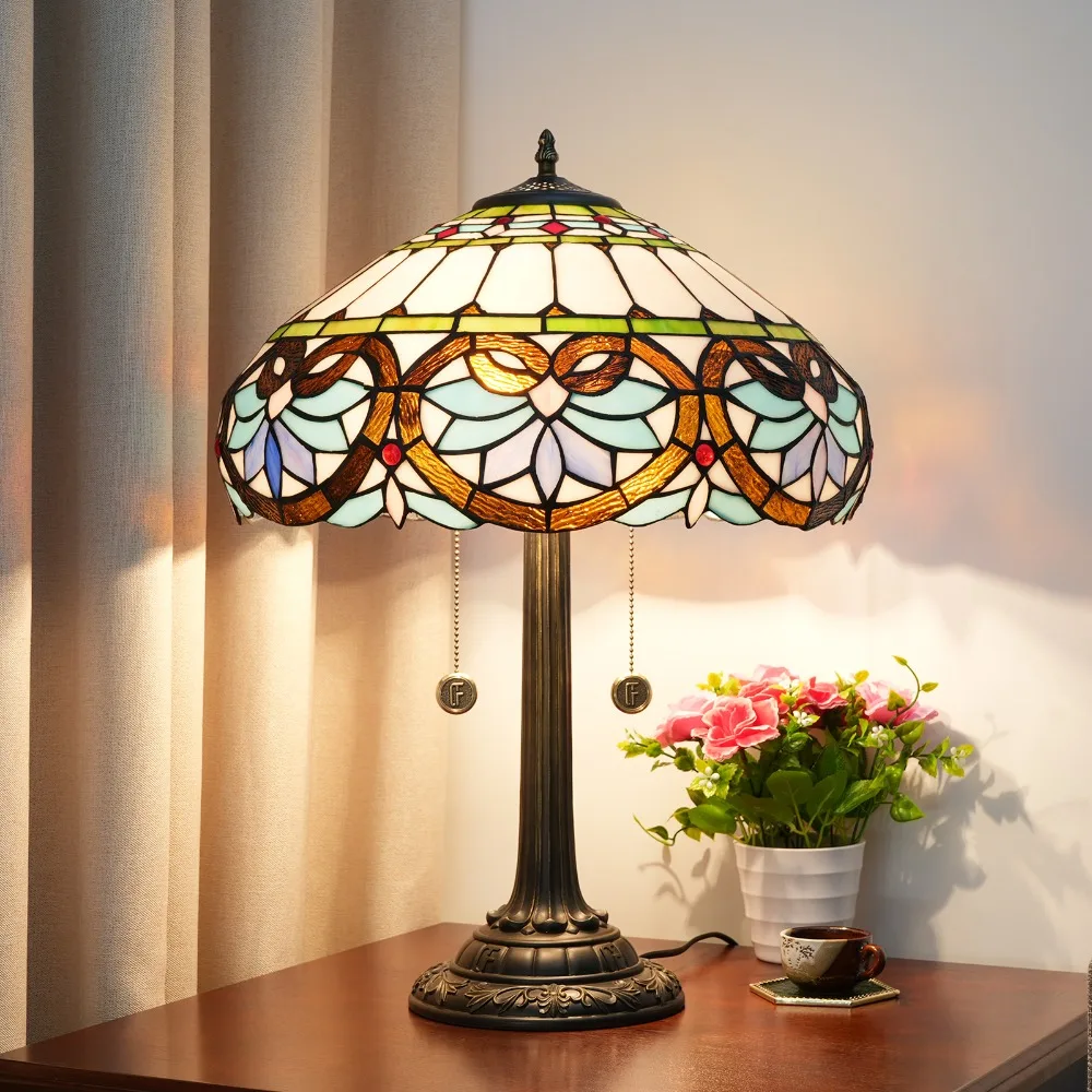 Диаметр 40 см Тиффани Декор Освещение Витраж Настольная Лампа Европейский Ретро Синий Любовь Абажур Спальня Прикроватная Настольная Лампа
