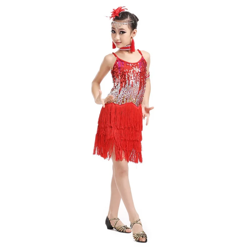 Girls Dance Dress Outfits Sequin Tassel Latin Dress Cha Cha Dress Kids Tango Skirt Carnival Wear Dancewear Latin Salsa Dress