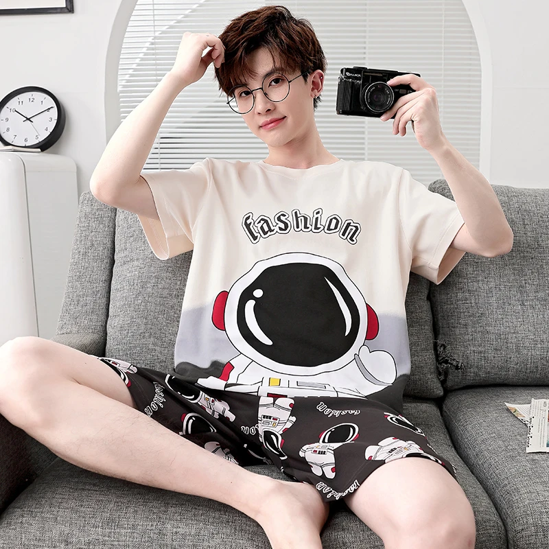 Astronaut Pattern Men Pajamas Set Summer Sleepwear Cotton Cartoon Pijama Femme Leisure wear Kawaii Loose Pijama Clothes 2pcs