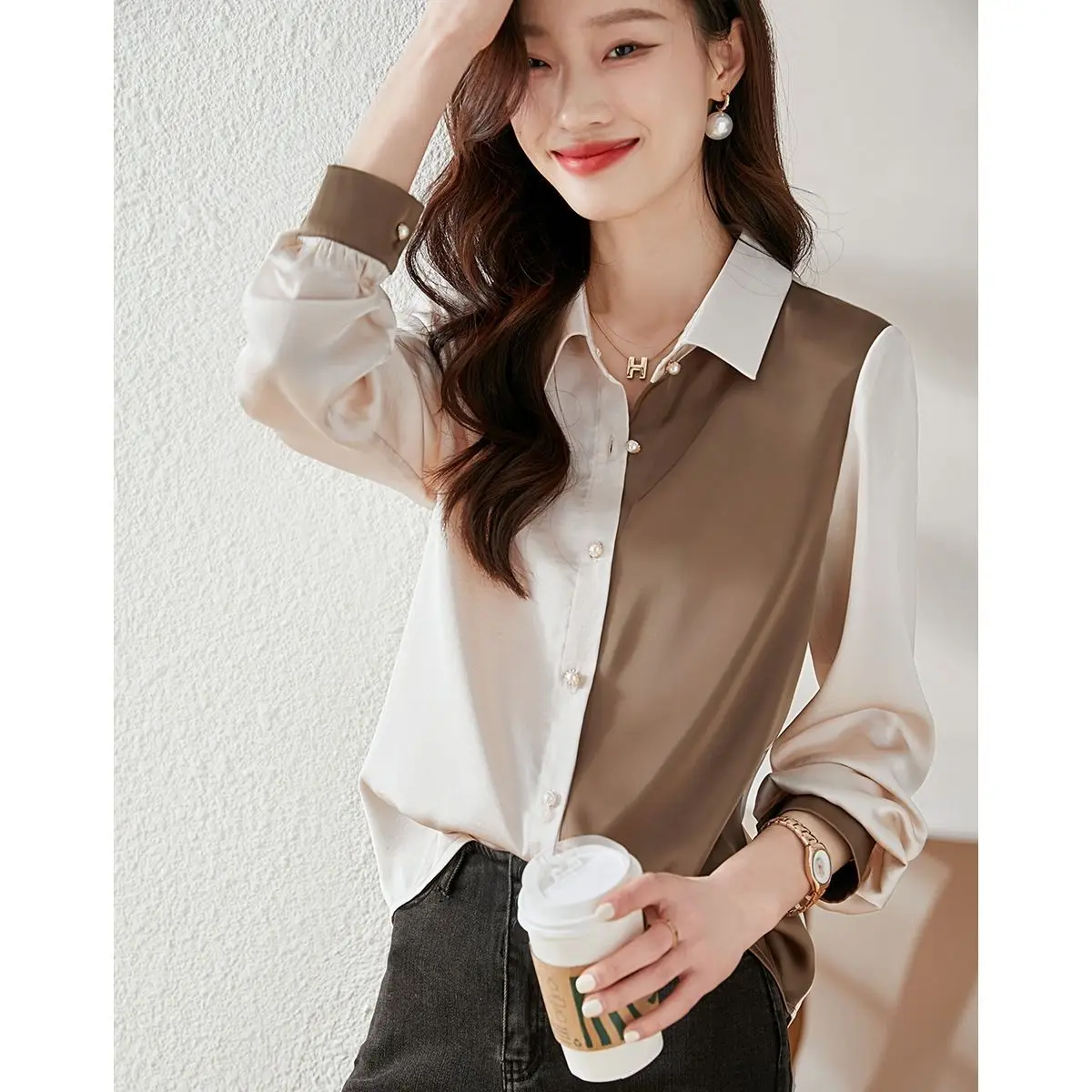 2024 New Chiffon Long Sleeved Shirt Women's Wear Hong Kong Style Color Blocking Elegance Fashion Outwear Casual Versatile