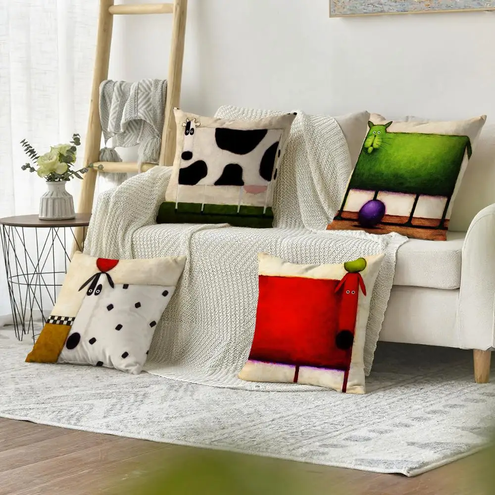 Fun Cartoon Animals Cushion Cover Organic Linen Pillow Case Double-Sided Print Cushion Cover for Sofa Home Decor Gift