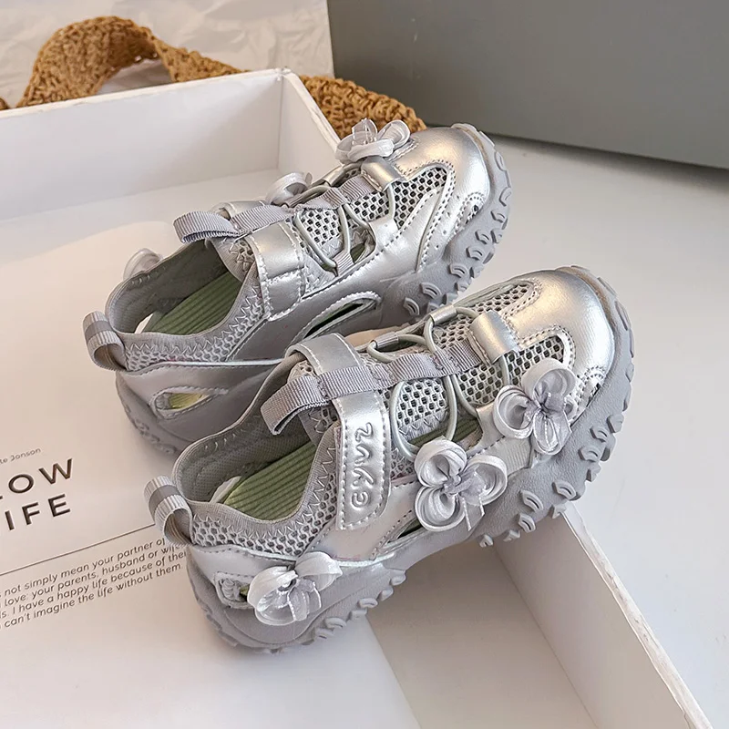 

Girls Summer Chunky Sandals Flower Decoration Breathable Mesh Shoes Soft Sole Non-slip Casual Footwear for Kids