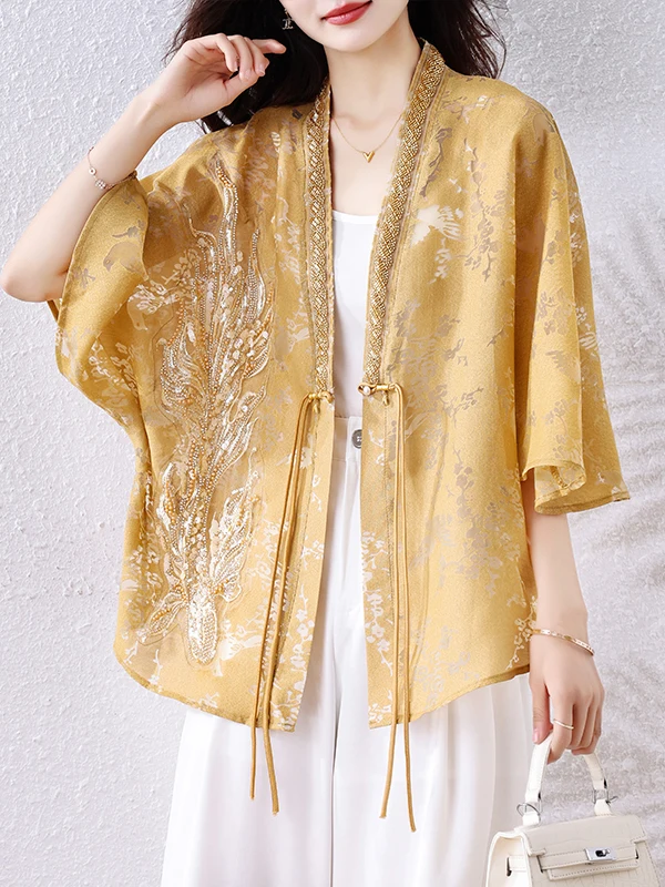 Nowy damski luźny kardigan typu nietoperz z wycięciami, stylizowany na chińskie moda, modny, otwarty, letni, na lato, odzież wierzchnia, 2025