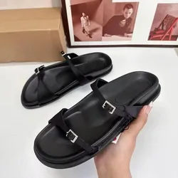 TRAF 2024 Black Straps Sandals Slipper For Women Fashion Diamond Buckle Round Toe Beach Shoes Female Outdoor Thick Heel Flats