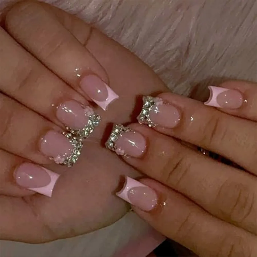 

24pcs Pink French Tip Press on Nails Short Fake Nails with 3D Flower Rhinestones Square Nail Tips Designs Silver Glitter Stick