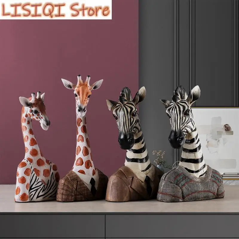 

New Resin Handicraft Ornaments Zebra Giraffe Simulation Animal Sculpture Head Statue Desktop Artwork Decoration Animal Figures