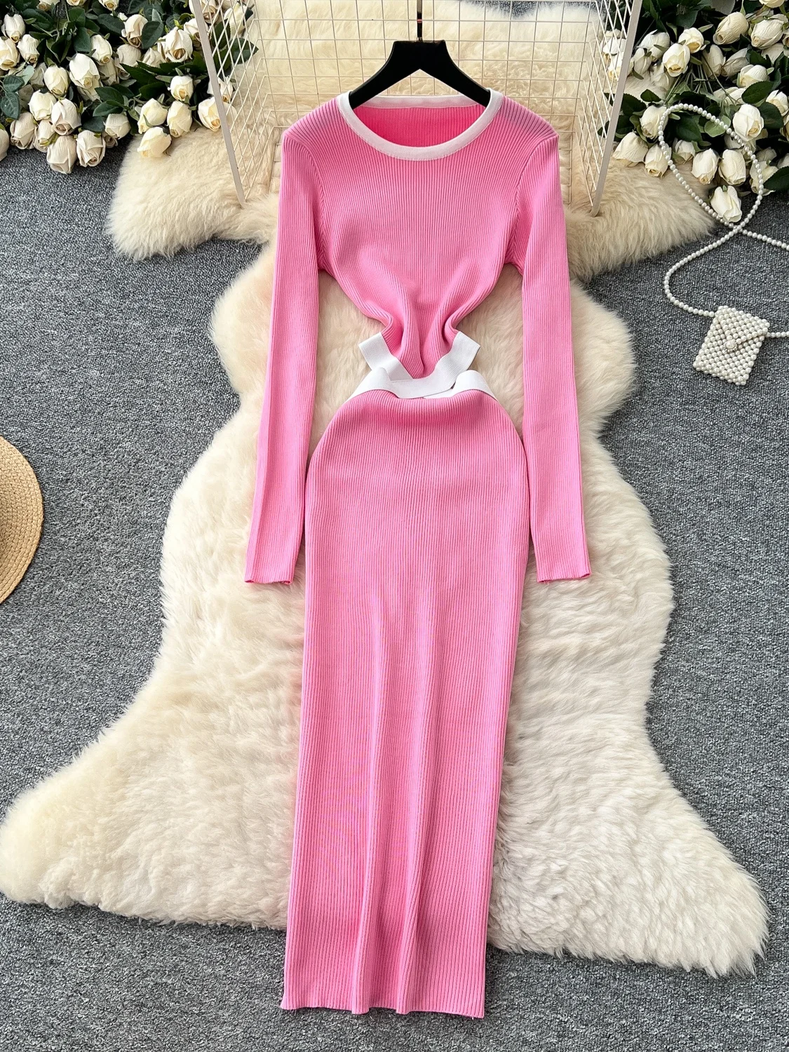 Ele Hollow out Long Sve Knitted Dr Women's High Waist A-Line Skirt Sle Autumn Winter Fitted Waist Bodycon Dr