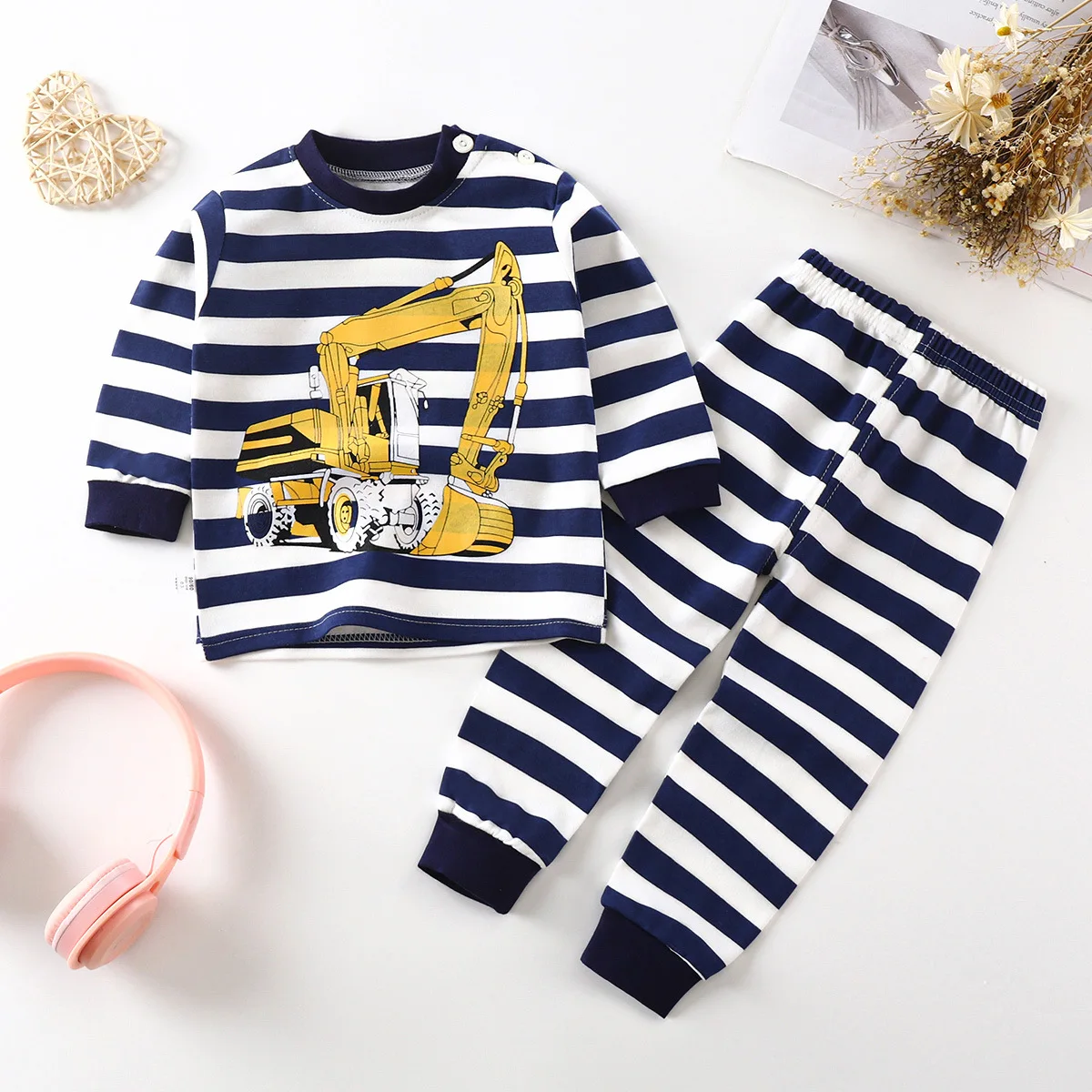 Boys Girls Sleepwear Kids Unisex Casual Pajama Suit Cartoon Print Long Sleeve Tops+ Pants