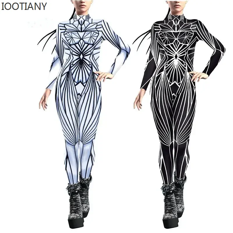 IOOTIANY Black Mirror Jumpsuits Woman Art Print Zentai Bodysuit Woman Crystal Damage Costume Girl Holiday Party Cosplay Outfit