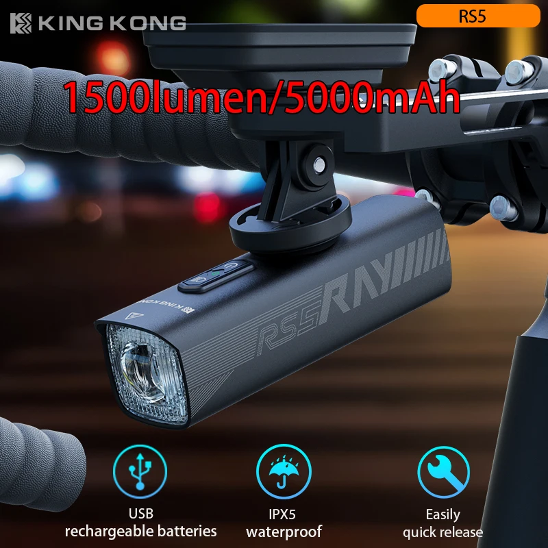 

KING KONG RS5 Светодиодный велосипедный фонарь, перезаряжаемый через USB передний велосипедный фонарь, с монтажным кронштейном, литиевая батарея 5000,