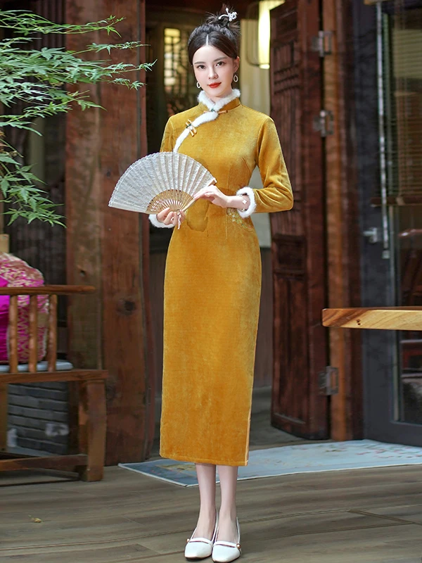 

Элегантное винтажное платье с длинными рукавами, вышивкой и флисовой подкладкой, с высоким разрезом, для повседневной носки, в ретро-стиле