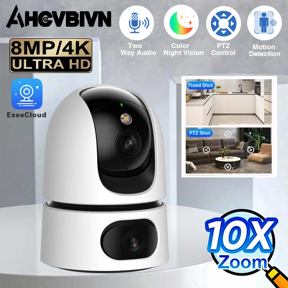 

8MP Home Security Camera Indoor WiFi Baby Monitor Dual Screen Dual Lens 10x Zoom Auto Tracking Color Night Vision Pet Dog Camera