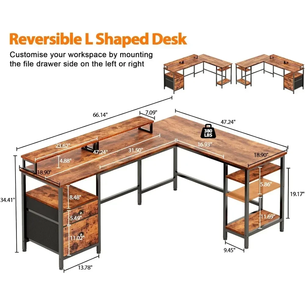 66 "L-shaped Computer Desk with Shelves, Foldable Corner Game Table with File Drawers and Dual Monitor Stand, Rustic Brown Color