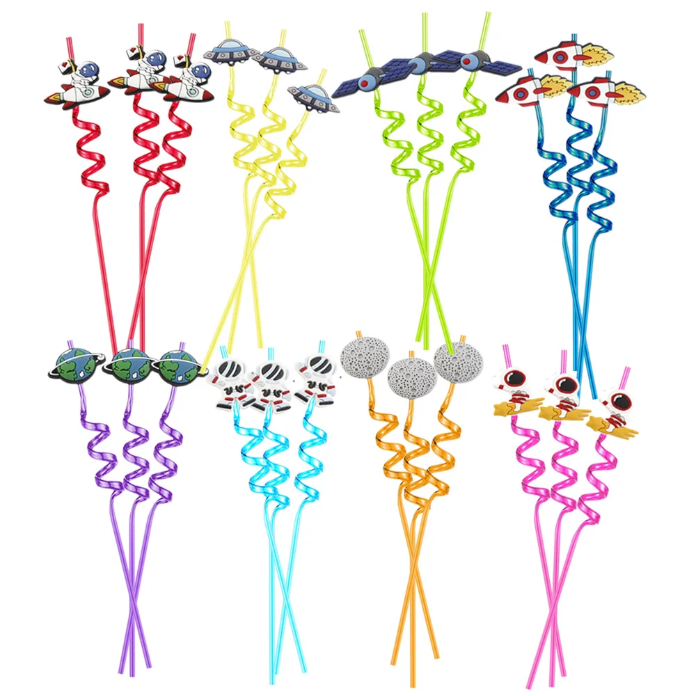 

24 Pcs Outer Space Straws Outer Space Theme Birthday Supplies Solar System Rocket Spaceship Astronaut Satellite Planet Straws