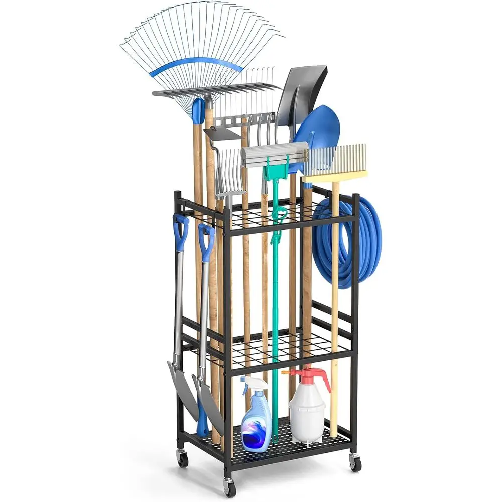 

Портативный металлический органайзер для садовых инструментов с колесами и 3 крючками для хранения на улице, в саду и гараже