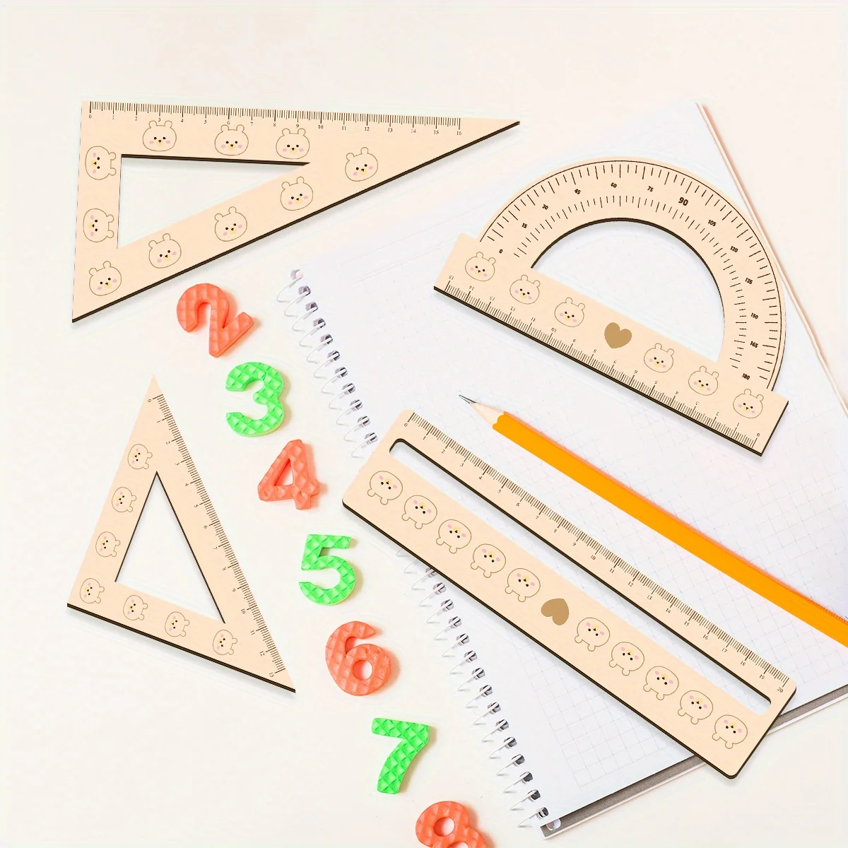 Elegant 4pcs 3mm Thick 2D Wooden Ruler Set Cute Students Math Classes Teacher Gifts Or Office Supplies Triangle Straight Ruler