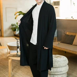 Chinese Style Men's Robe Cloak Loose Linen Cardigan Jacket Fashion Streetwear Solid Color Casual Loose Mid-length Trench Coat