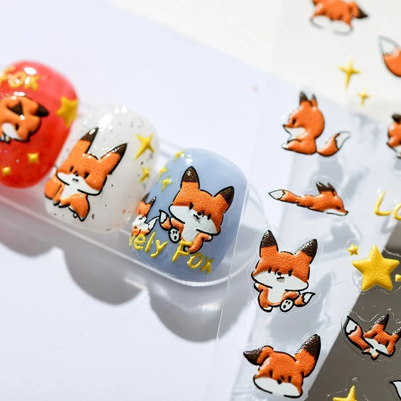 Lovely Red Fox Cartoon 5D Soft Reliefs Self Adhesive Nail Art Stickers Cute 3D Nail Decoration Decals Wholesale Dropshipping