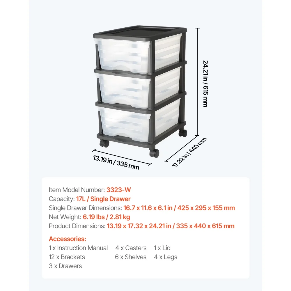 50L 3 Storage Drawer Cart, Clear Plastic Storage Drawers with Wheels， Sturdy Cart with 3 Bins for Office Supplies, Craft Rooms