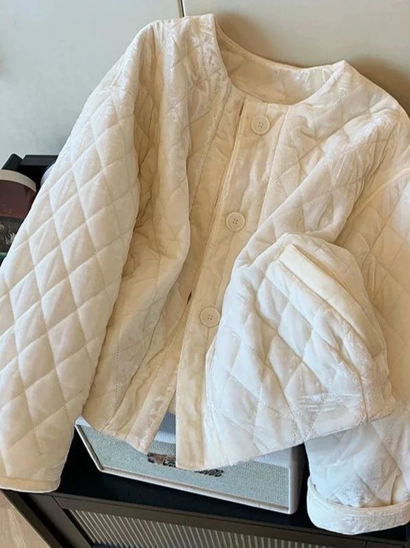 

Velvet Splicing Cotton Style Jacket Women Autumn Winter Warm Versatile Round Neck Single Breasted Fashion Beige Cotton Jacket