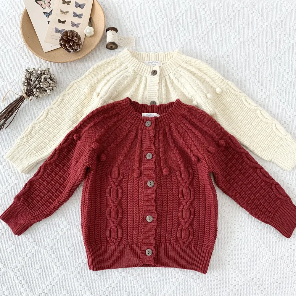 Girls Sweater Autumn 2024 New Product Children Korean Loose Casual Cardigan Thick Sweater Coat Hand Hook Ball Wool Cardigan