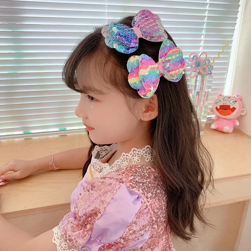 Sequins Ribbon Hair Side Clip Bows with Alligator Clip Sweet Girls Kids Bangs Barrette Colorful Bowknot Hair Styling Accessories