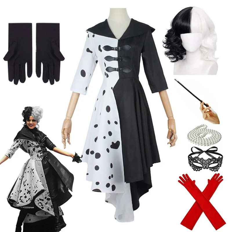 Volwassenen Zwart Wit Heks Deville Cosplay Kostuum Jurk voor Vrouwen met Handschoen Halloween Party Cos Suits