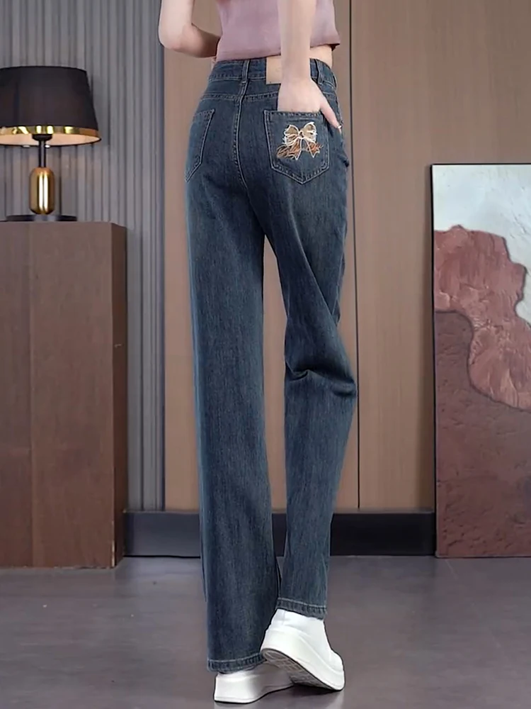 

Ретро джинсы с вышивкой, высокой талией, широкими штанинами, женские, весна-осень, новый стиль, свободные, прямого кроя, джинсовые брюки