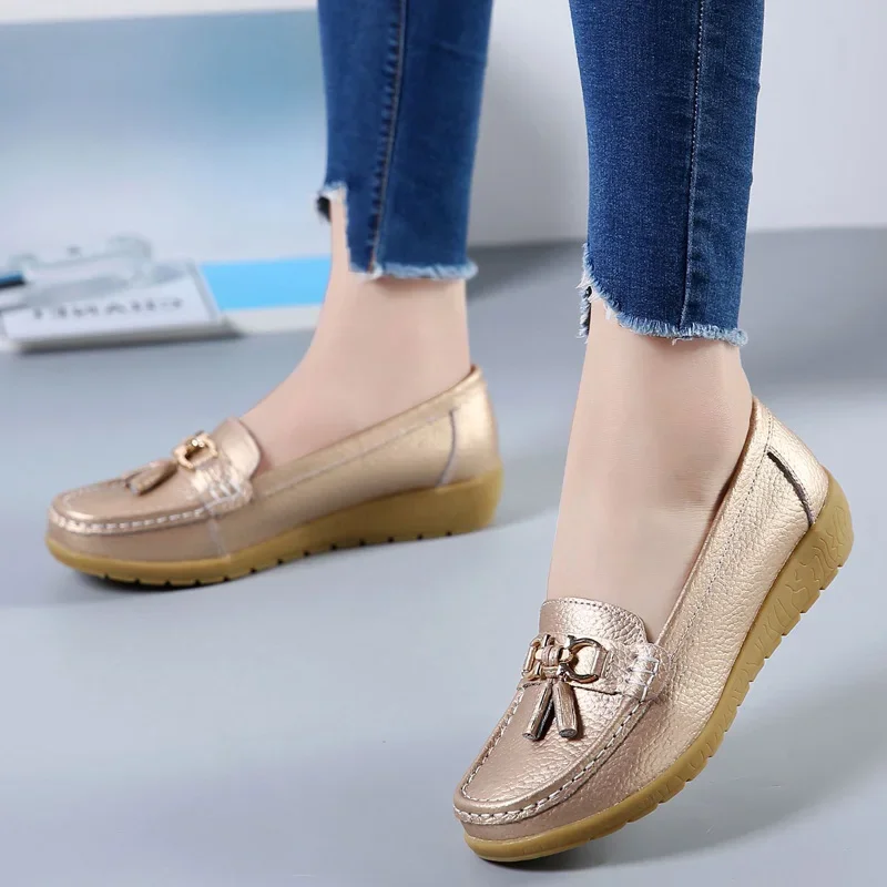 Women Flat Plus Size 44 Women Genuine Leather Shoes Slipony Low Heels Chaussures Femme Casual Ballet Flats Shoes Women Loafers