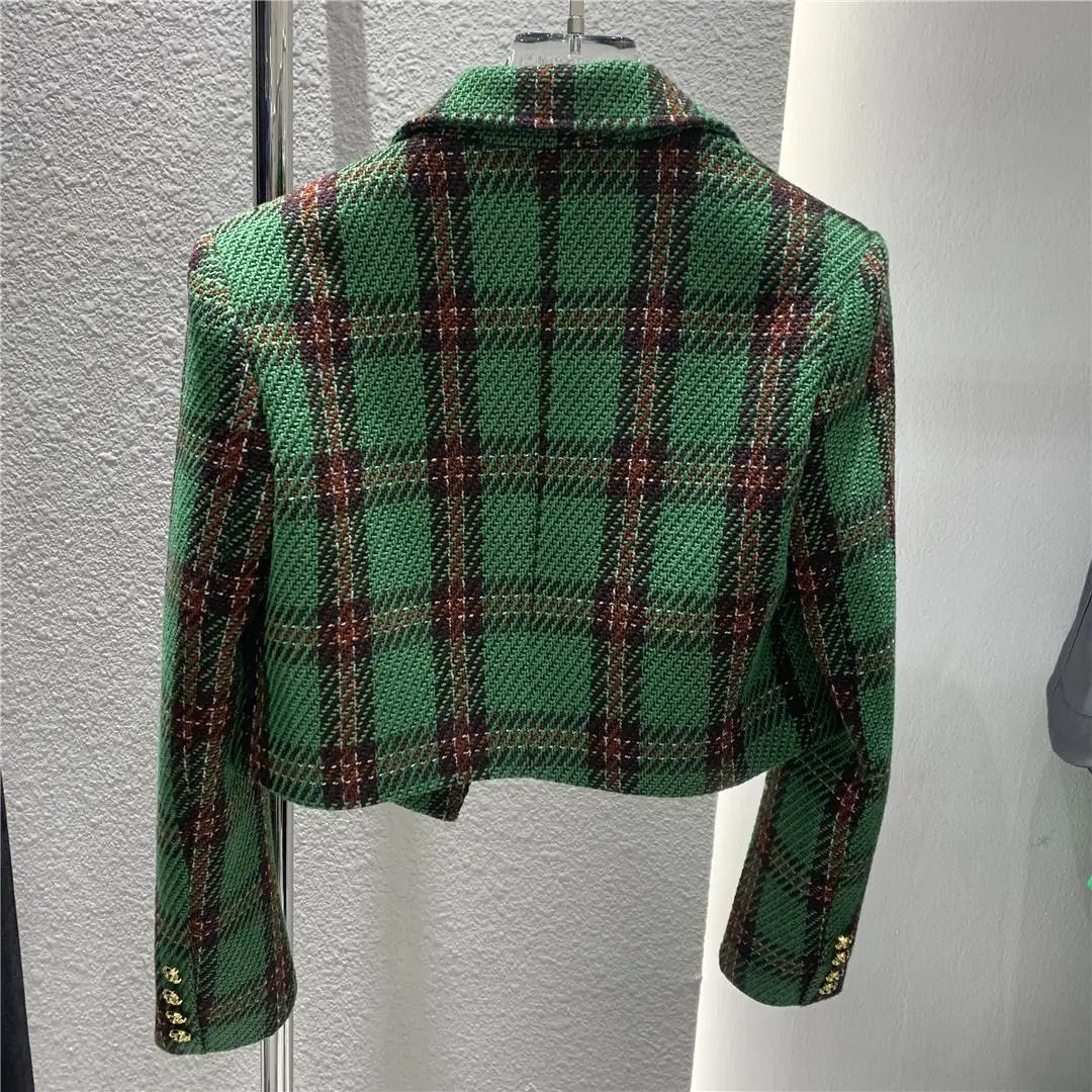 2023 Women Plaid Woolen Jacket UltraShort Blazers Coat Spring Autumn  Lady Suit  Casual Top Elegant Casual  Brooch Decoration