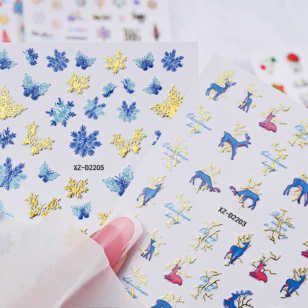 

3D Blue Snowflake Nail Stickers With Sparkling Gold Line Winter Christmas Design Self-Adhesive New Year Sliders Decals Festival#