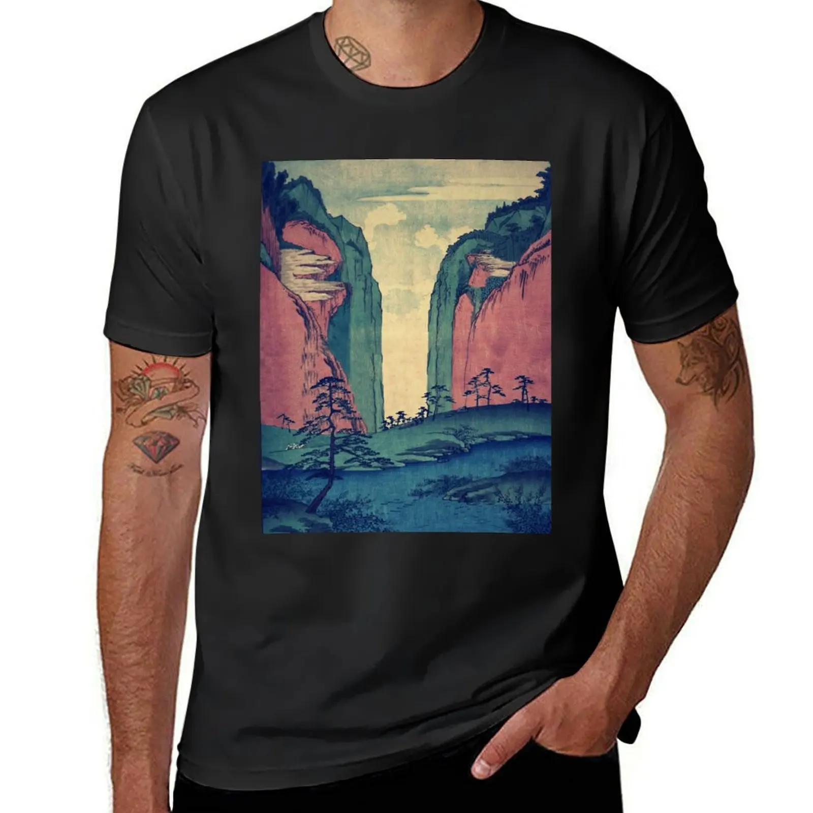 Amazed at Dinyia - Mountain views-Ukiyoe Nature LandscapeinOrange, Blue, Green & Red T-Shirt oversized oversized t shirt men