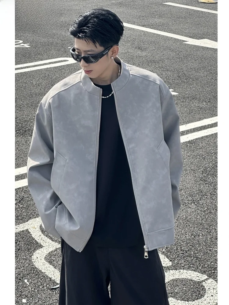 

Trendy ey Matte Leather Jaet Men's 2025 New Autumn Faion Casual Haome Svel Zipper Closure Windproof Coat