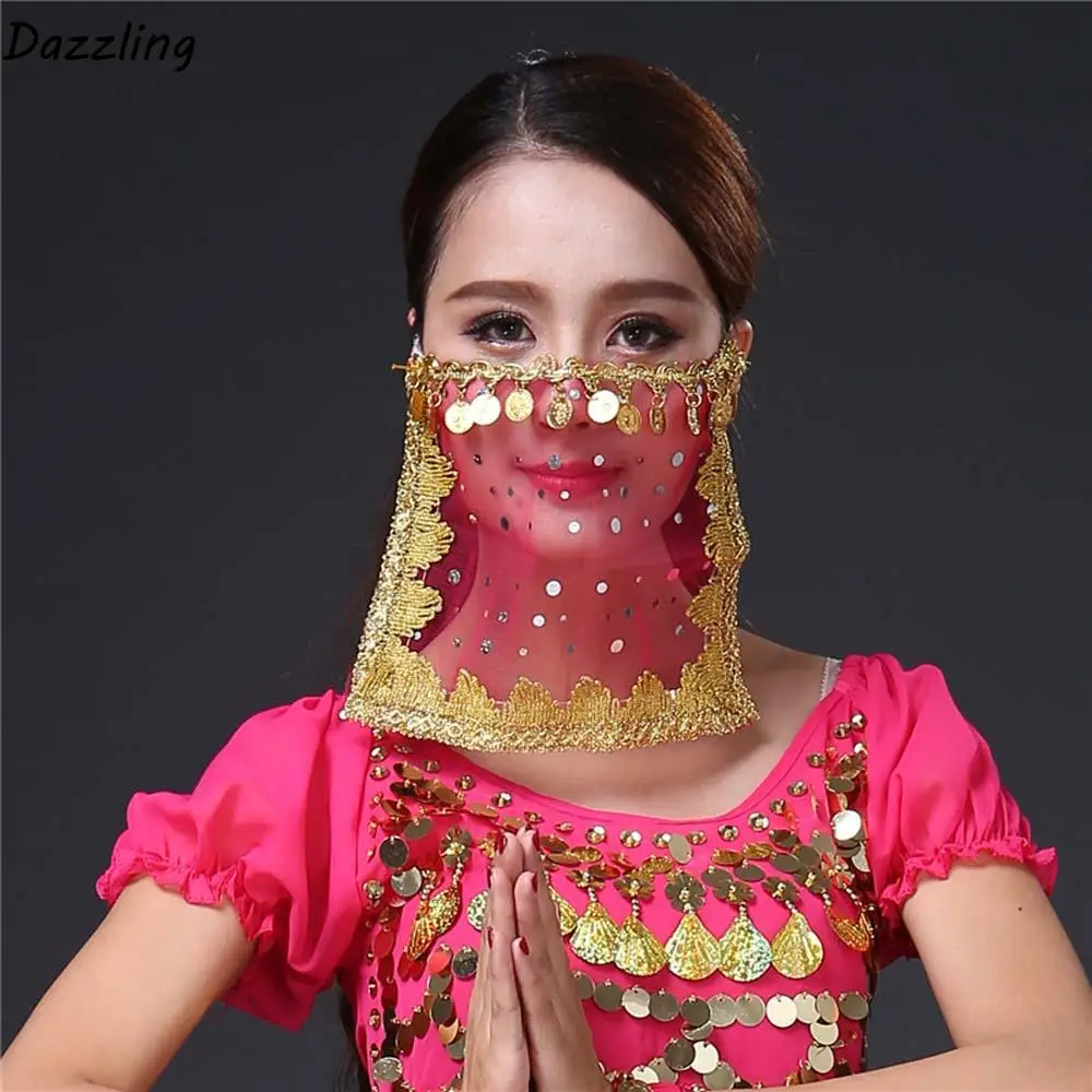 

Sexy Women Indian Dance Girl Mesh Rhinestone Face Veils Performance Accessories Belly Dance Costumes