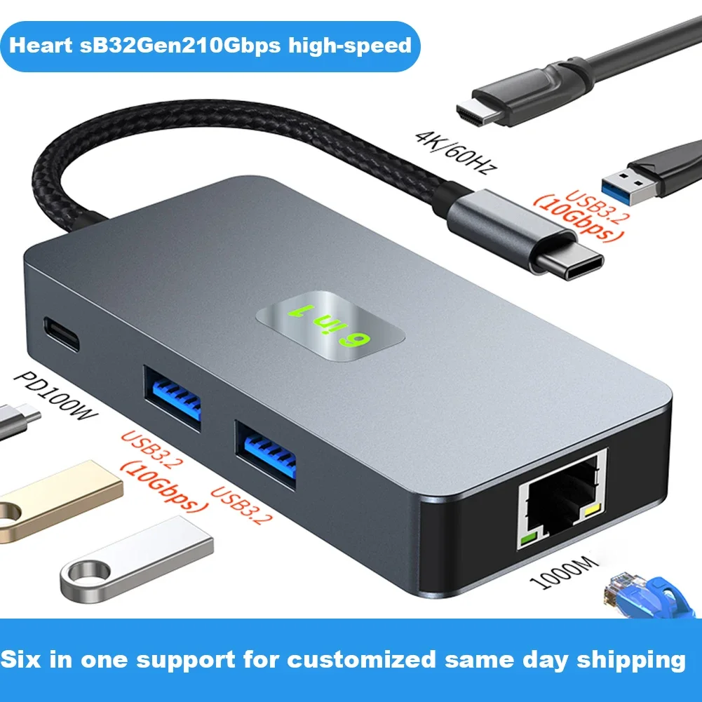 

6 in 1 Docking Station USB Hub 3.2 MST HDMl- DP 4K 60Hz VGA 1000M RJ45 Extension Adapter USB Type C PD100W Dock Concentrator