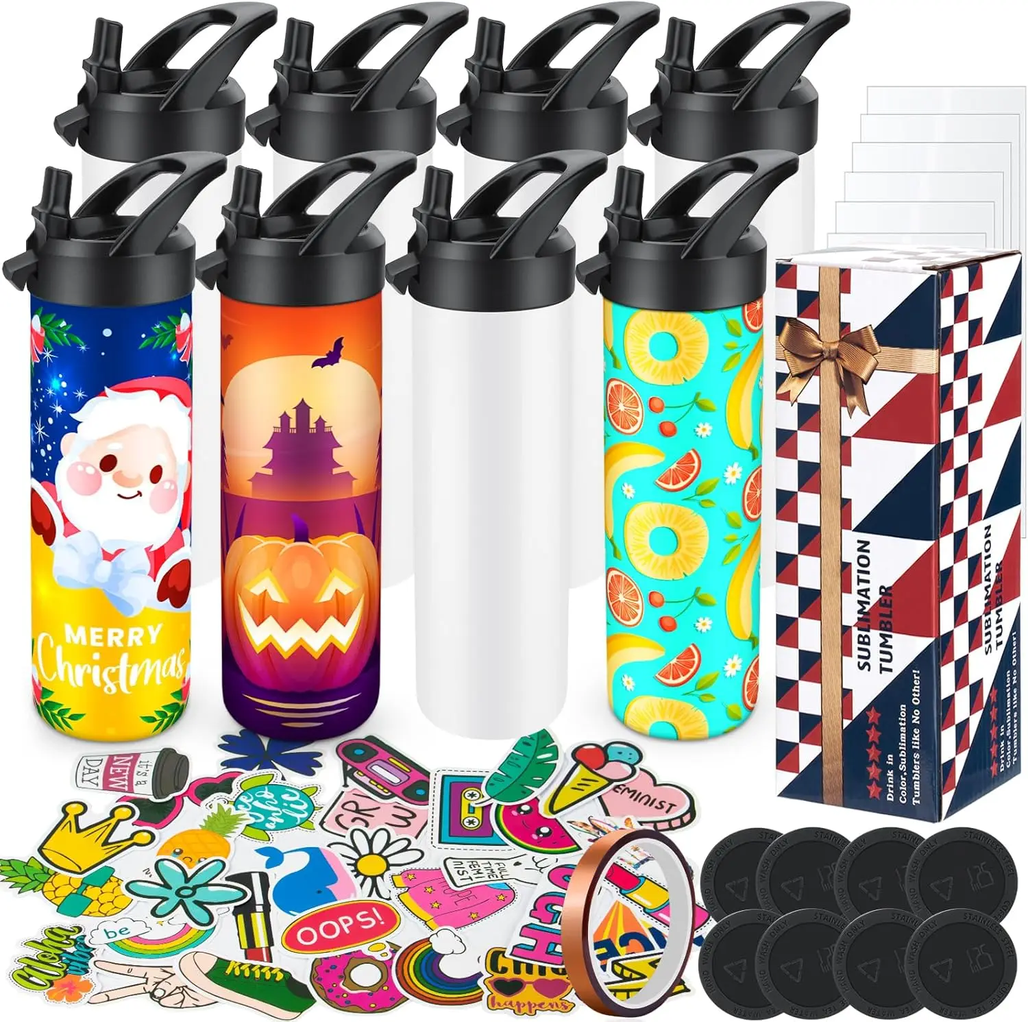 

8-Pack 20oz Sublimation Tumbler Set with Straw Lid, Triple-Insulated Stainless Steel Water Bottle for DIY Heat Transfer